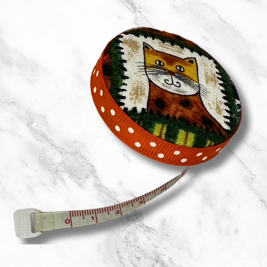 Orange Kitty & Treats -  Fabric-Covered Retractable Tape Measure - hand-decorated, portable!