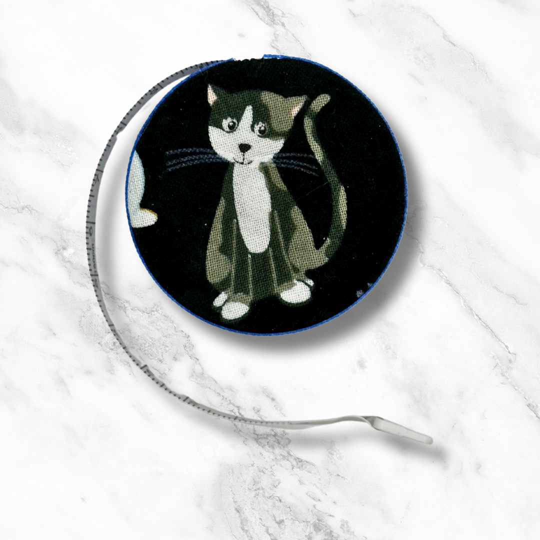 Go Fish Kitties #2 -  Fabric-Covered Retractable Tape Measure - hand-decorated, portable!
