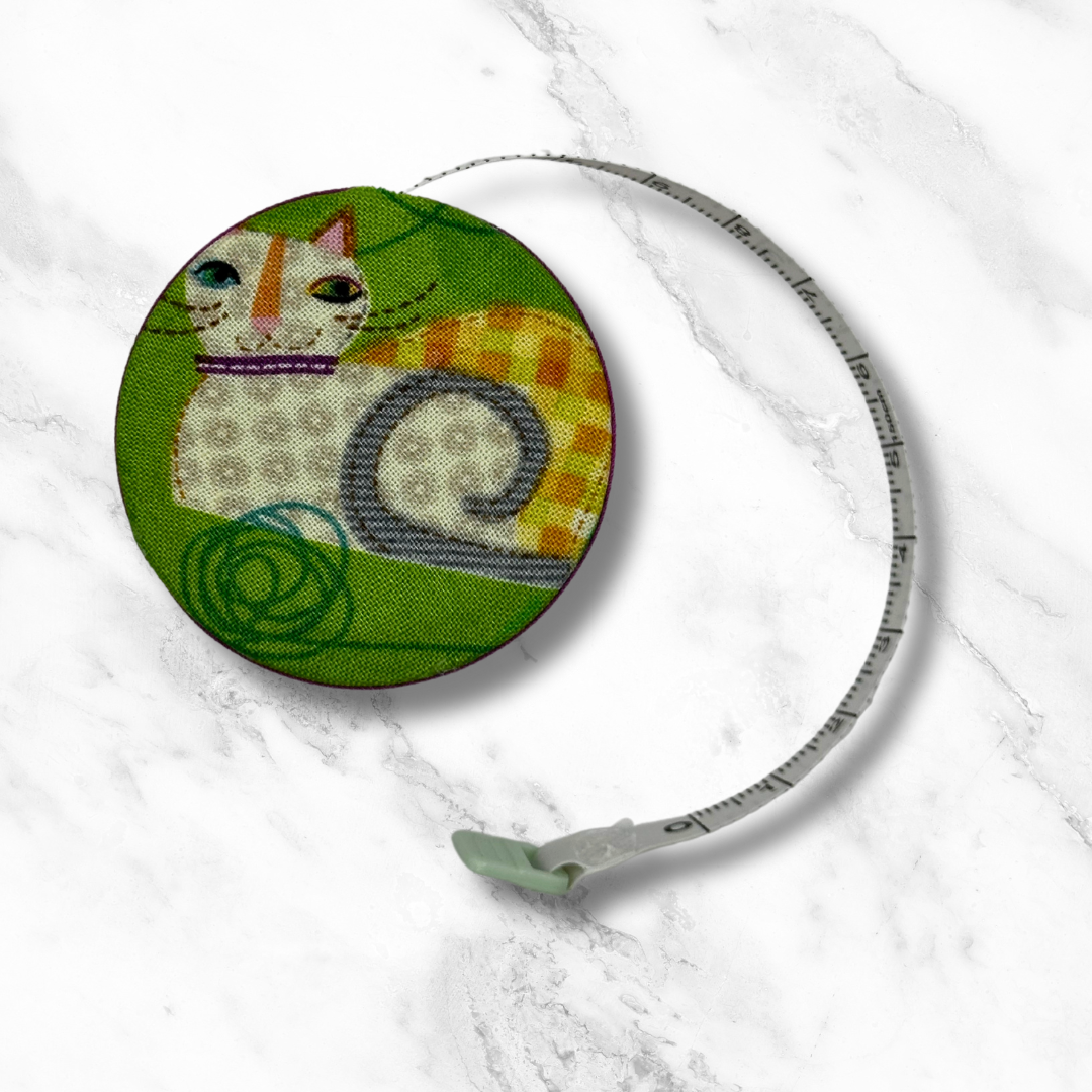 Posh Yarn Kitties -  Fabric-Covered Retractable Tape Measure - hand-decorated, portable!