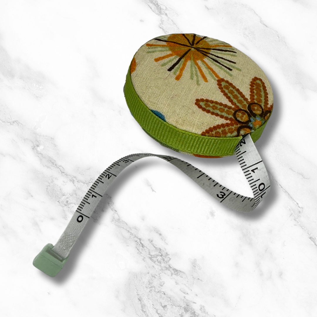 Retro Vibes #2- Fabric-Covered Retractable Tape Measure - hand-decorated, portable!
