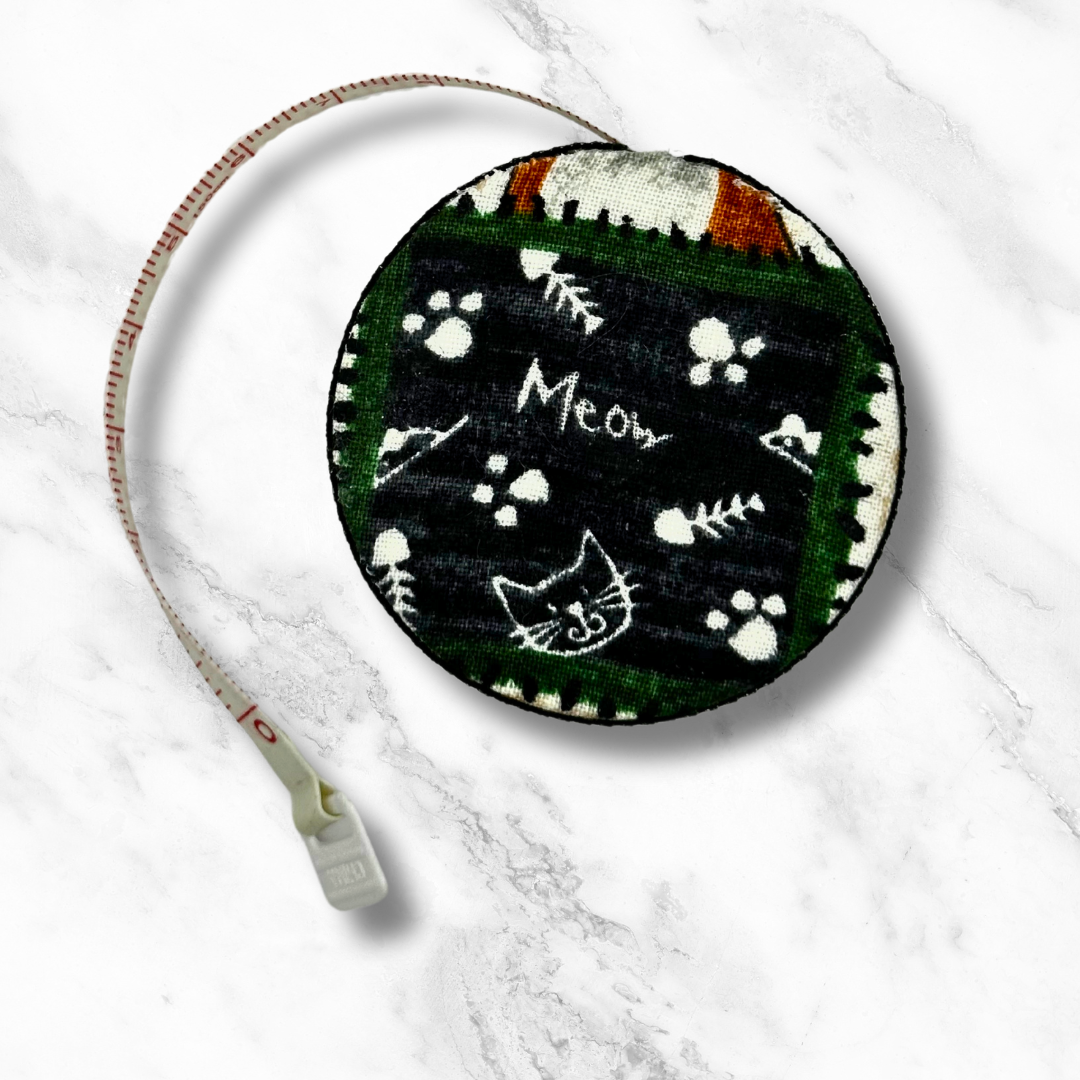 Tuxedo Kitty Meow -  Fabric-Covered Retractable Tape Measure - hand-decorated, portable!