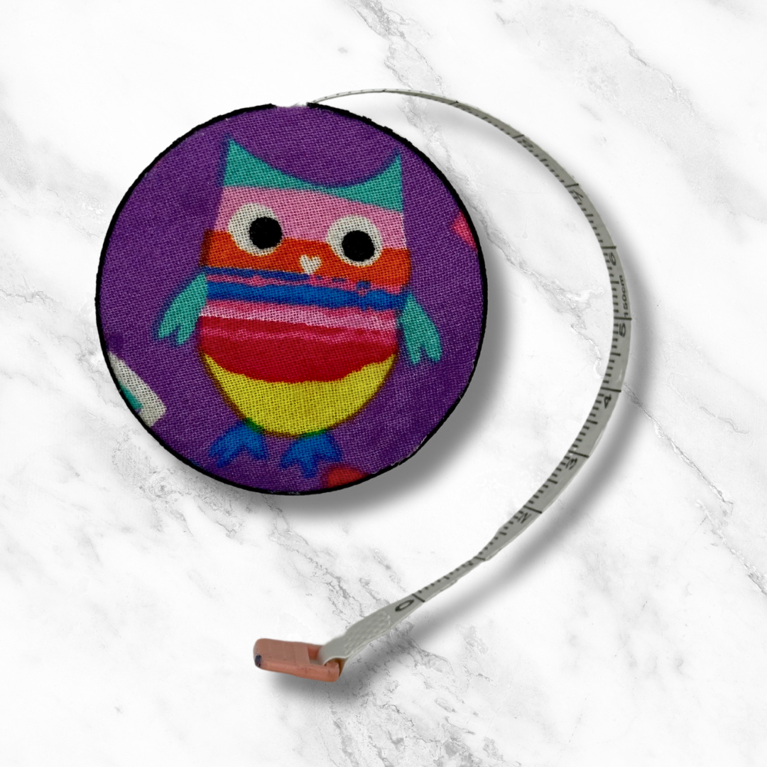 Owl Luv U So Much #3 -  Fabric-Covered Retractable Tape Measure - hand-decorated, portable!