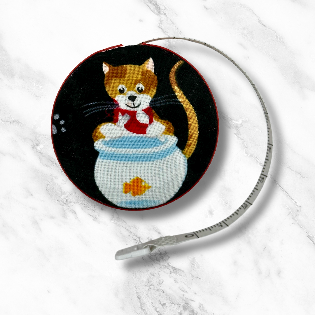 Go Fish Kitties #1 -  Fabric-Covered Retractable Tape Measure - hand-decorated, portable!