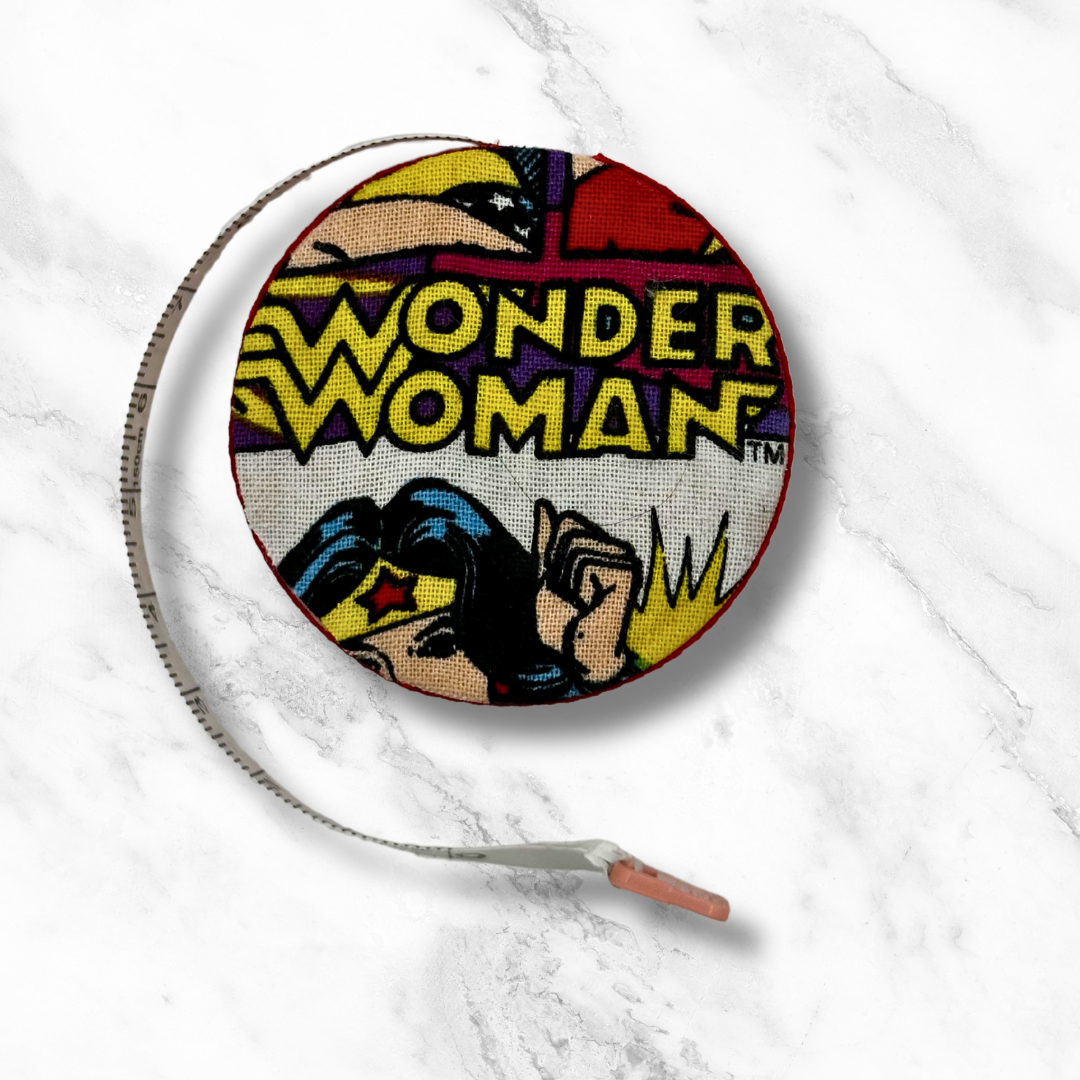 Wonder Woman -  Fabric-Covered Retractable Tape Measure - hand-decorated, portable!