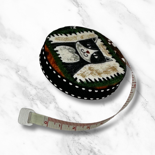 Tuxedo Kitty Meow -  Fabric-Covered Retractable Tape Measure - hand-decorated, portable!