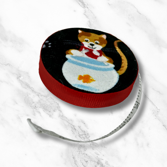Go Fish Kitties #1 -  Fabric-Covered Retractable Tape Measure - hand-decorated, portable!
