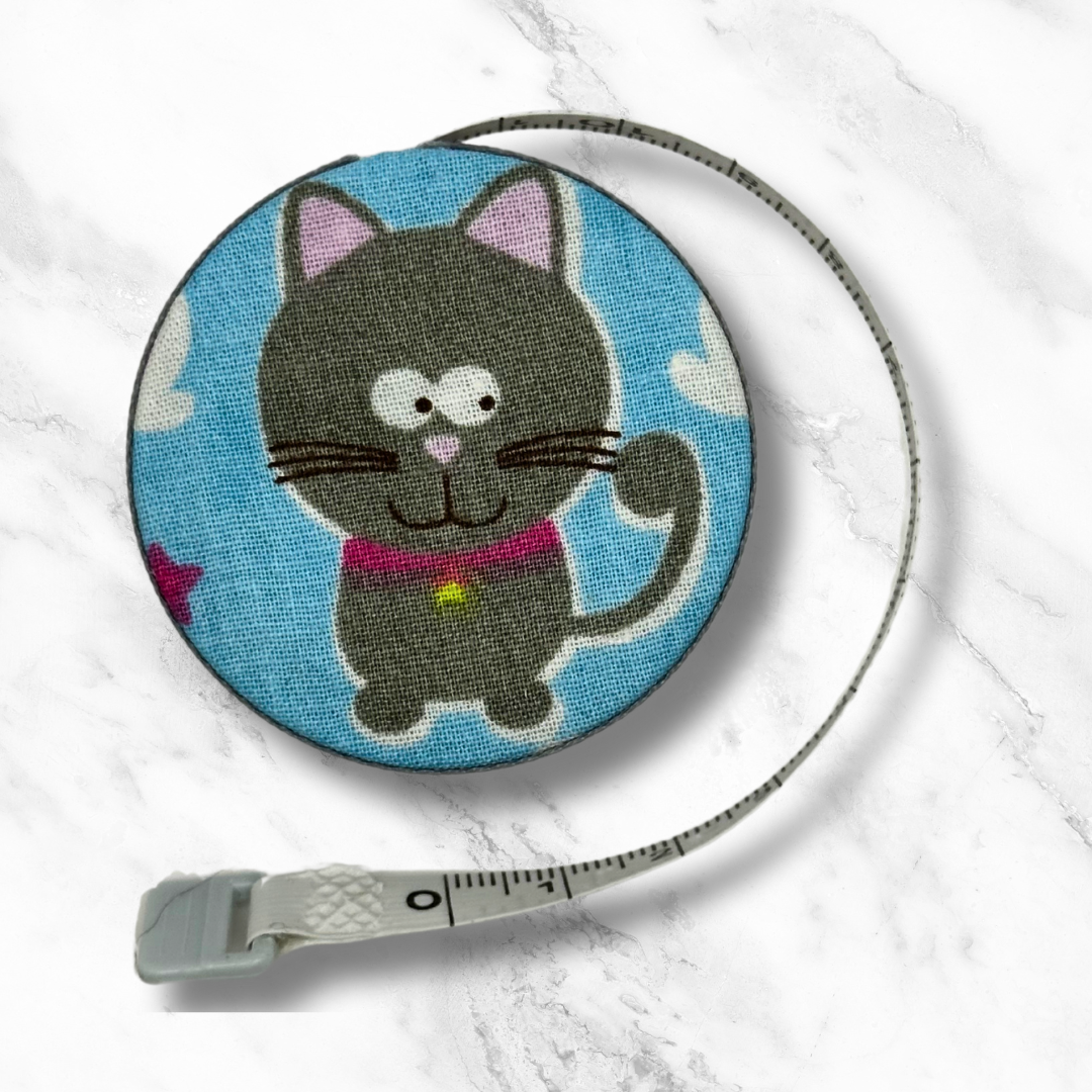 Pink Collar Kitties -  Fabric-Covered Retractable Tape Measure - hand-decorated, portable!