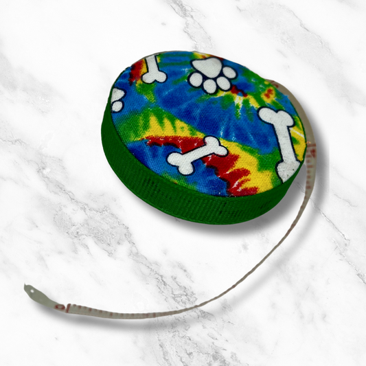 Tie Dye Furbabies -  Fabric-Covered Retractable Tape Measure - hand-decorated, portable!