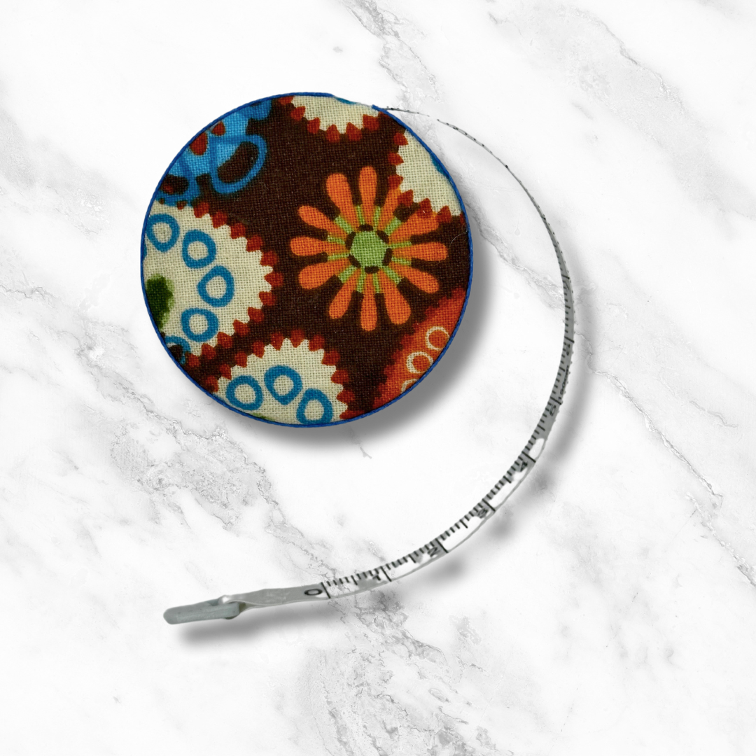 Retro Vibes #3 - Fabric-Covered Retractable Tape Measure - hand-decorated, portable!