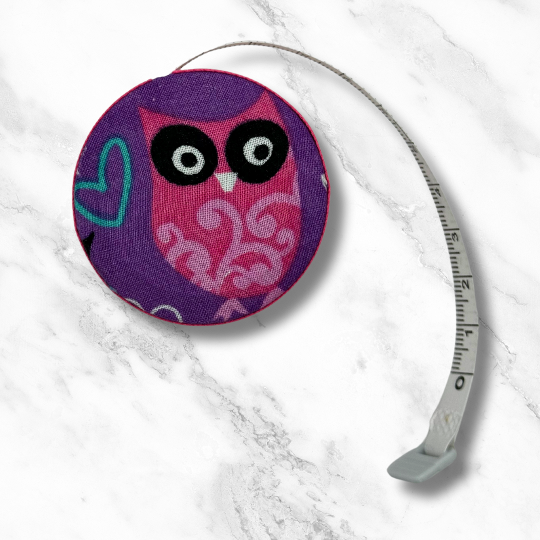 Owl Luv U So Much #1 -  Fabric-Covered Retractable Tape Measure - hand-decorated, portable!