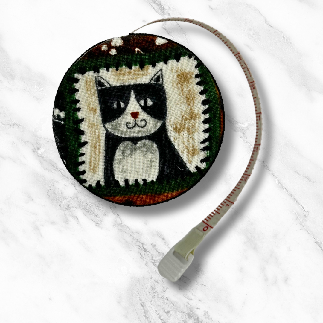 Tuxedo Kitty Meow -  Fabric-Covered Retractable Tape Measure - hand-decorated, portable!