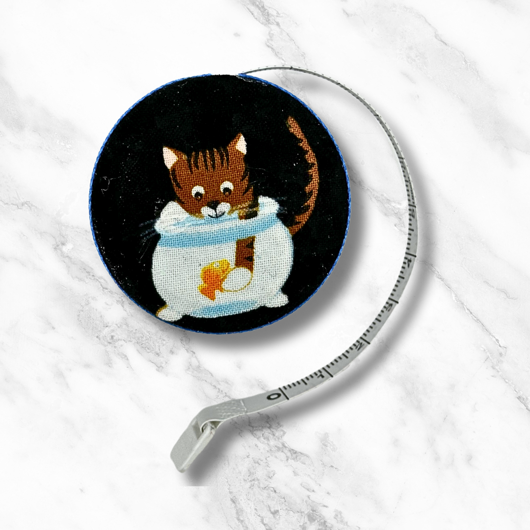 Go Fish Kitties #2 -  Fabric-Covered Retractable Tape Measure - hand-decorated, portable!