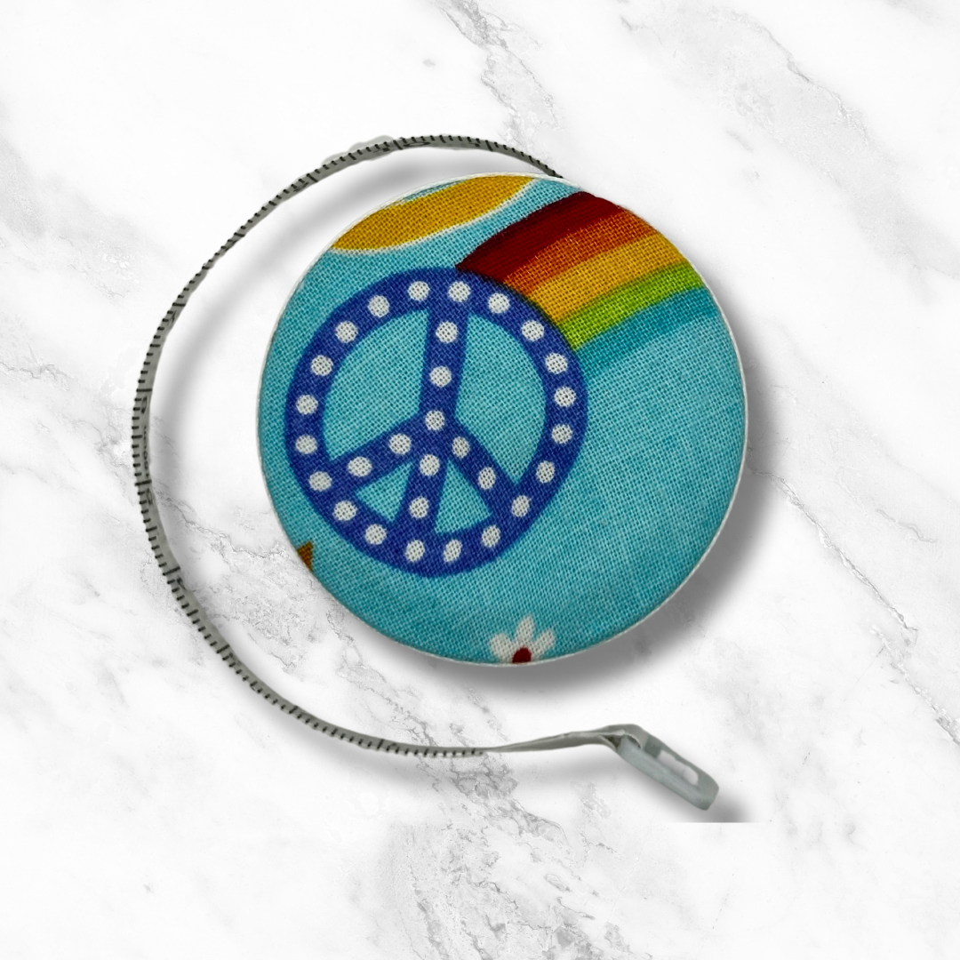 Peace Love Rainbows -  Fabric-Covered Retractable Tape Measure - hand-decorated, portable!