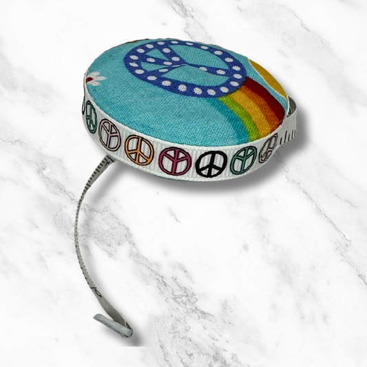 Peace Love Rainbows -  Fabric-Covered Retractable Tape Measure - hand-decorated, portable!