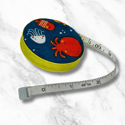 Quadropus (??) & Fishy Friends - Sea Animals -  Fabric-Covered Retractable Tape Measure - hand-decorated, portable!
